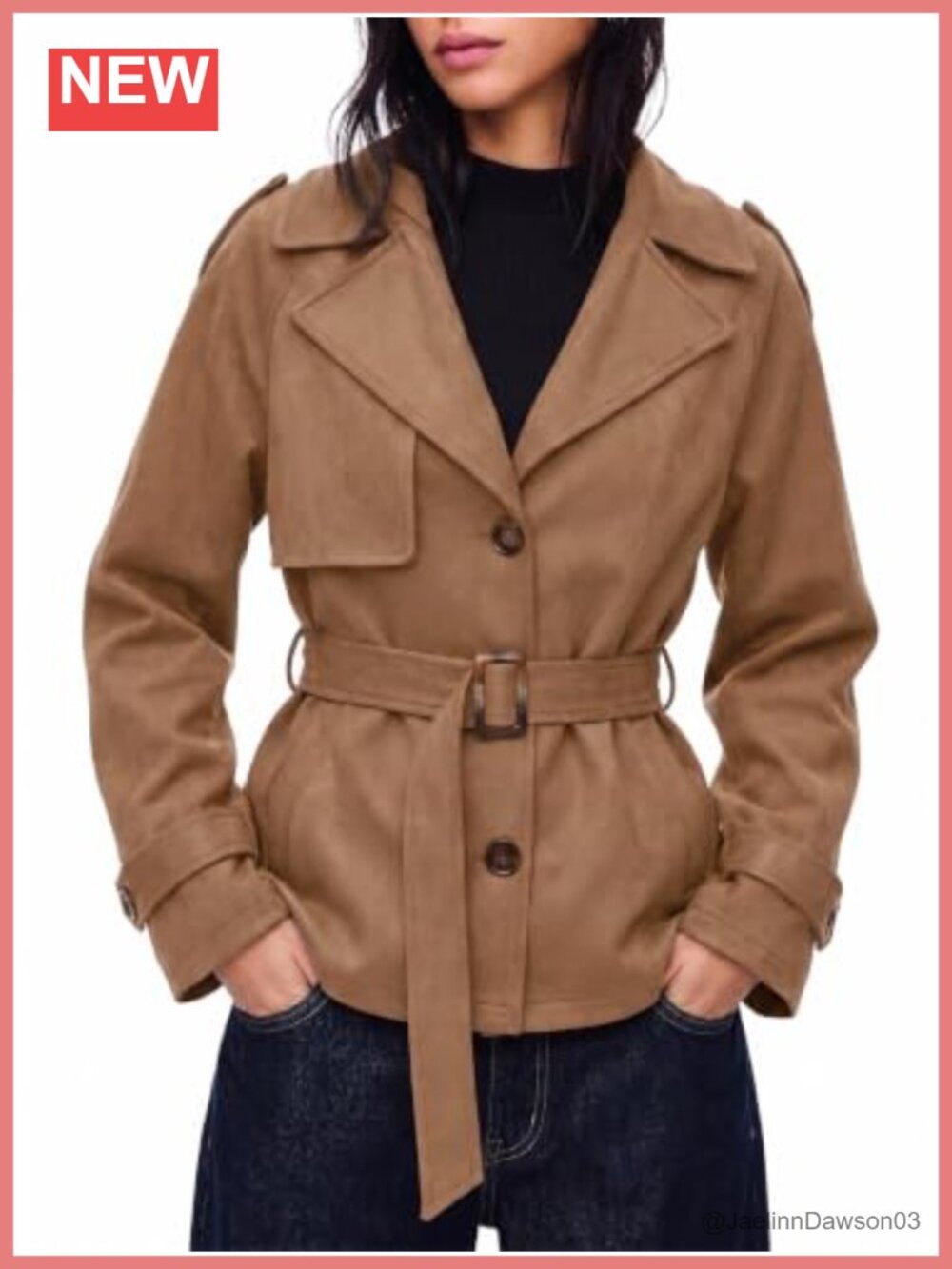 Faux Suede Jacket Womens Short Trench Coat with Belt Lightweight Fall